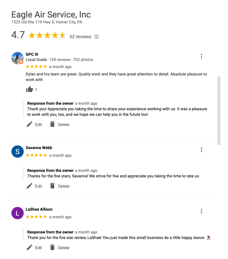 Google reviews for Eagle Air Service, Inc